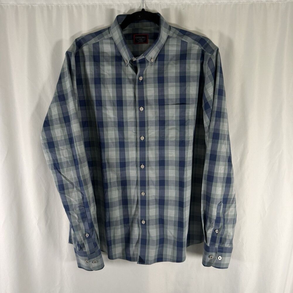 Untuckit Dress Shirt Men's Large Blue Plaid Button Up Long Sleeve 100% Cotton